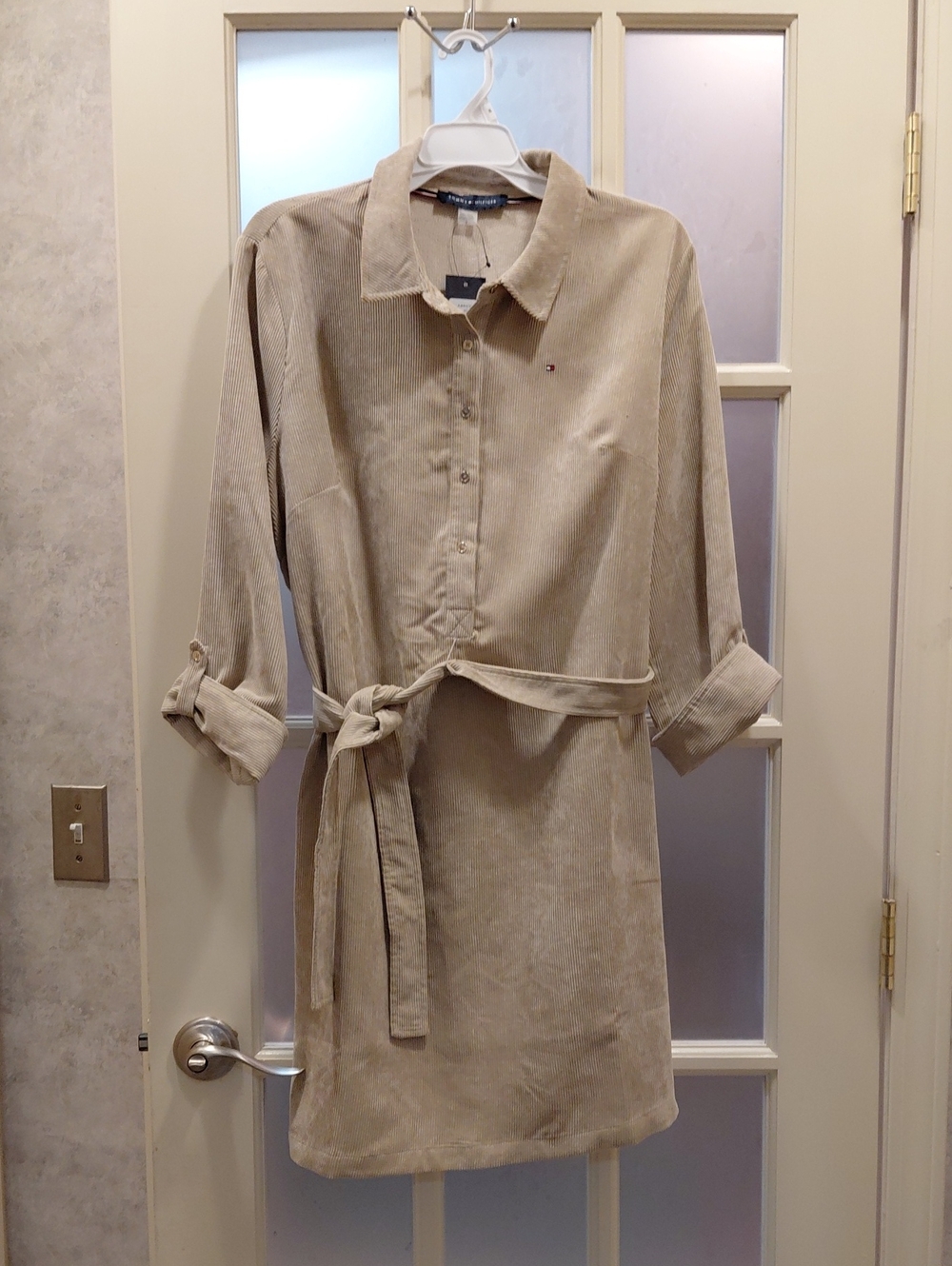 "Tommy Hilfiger" Sz.12, Tan Corduroy Shirt Dress with Tie Waist. 19in P2P....